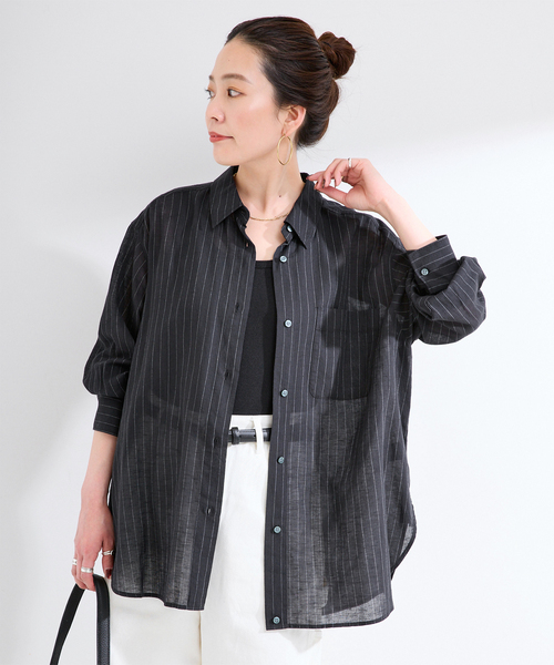 B.C STOCK(ベーセーストック)の「手洗い可 / シルクリネンミックスエアリーシャツ(シャツ/ブラウス・レディース・オレンジ/ブラック/ホワイト・FREE)」の3枚目の写真
