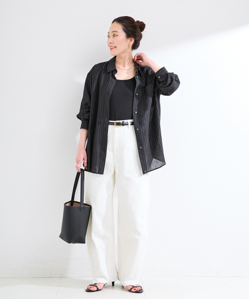 B.C STOCK(ベーセーストック)の「手洗い可 / シルクリネンミックスエアリーシャツ(シャツ/ブラウス・レディース・オレンジ/ブラック/ホワイト・FREE)」の4枚目の写真