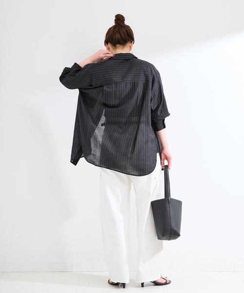 B.C STOCK(ベーセーストック)の「手洗い可 / シルクリネンミックスエアリーシャツ(シャツ/ブラウス・レディース・オレンジ/ブラック/ホワイト・FREE)」の6枚目の写真