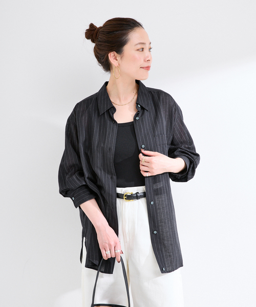 B.C STOCK(ベーセーストック)の「手洗い可 / シルクリネンミックスエアリーシャツ(シャツ/ブラウス・レディース・オレンジ/ブラック/ホワイト・FREE)」の7枚目の写真