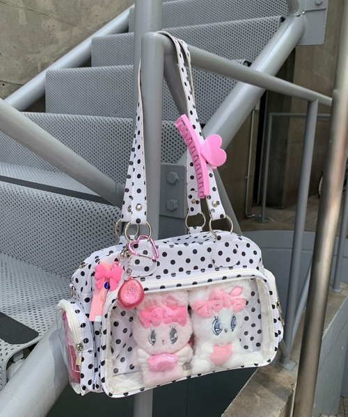 pyornim(ピョルニム)の「【推し活/ぬい活】3面 クリアポケット付き ドット柄 ハンドバッグ(トートバッグ・レディース・ブラック/ホワイト/レッド/ピンク・F)」の1枚目の写真