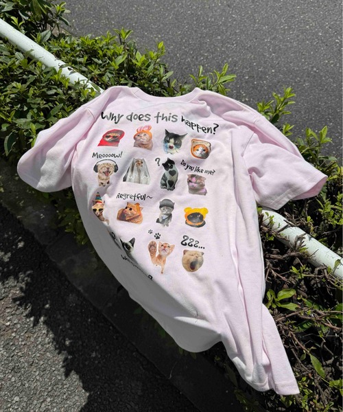 AS KNOW AS plus（アズノゥアズプラス）の「☆たくさんネコミーム 胸元ワンポイントロゴ刺繍Tシャツ【UNISEX ITEM】（Tシャツ/カットソー・レディース・ライトピンク/スミクロ/オフホワイト・FREE）」の2枚目の写真