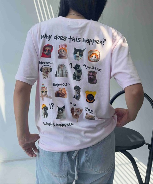 AS KNOW AS plus（アズノゥアズプラス）の「☆たくさんネコミーム 胸元ワンポイントロゴ刺繍Tシャツ【UNISEX ITEM】（Tシャツ/カットソー・レディース・ライトピンク/スミクロ/オフホワイト・FREE）」の5枚目の写真