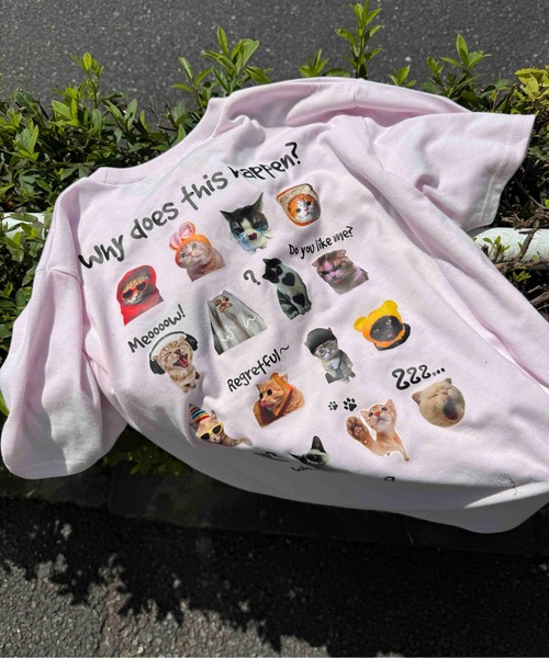 AS KNOW AS plus（アズノゥアズプラス）の「☆たくさんネコミーム 胸元ワンポイントロゴ刺繍Tシャツ【UNISEX ITEM】（Tシャツ/カットソー・レディース・ライトピンク/スミクロ/オフホワイト・FREE）」の6枚目の写真