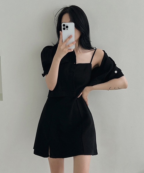 Girly Doll(ガーリードール)の「【セットアップ】パフスリショートジャケット&ミニキャミワンピース(セットアップ・レディース・ブラック/ベージュ・FREE)」の6枚目の写真
