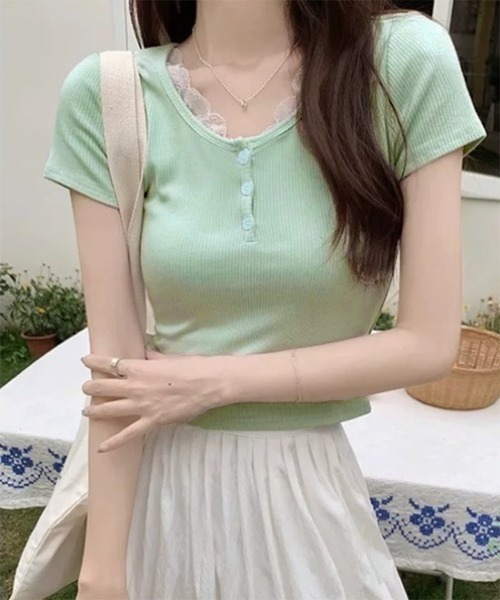 Songe(ソンジュ)の「レース付きヘンリーネック半袖Tシャツ(Tシャツ/カットソー・レディース・ホワイト/グリーン・M/L)」の15枚目の写真