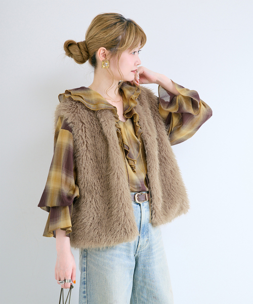 B.C STOCK(ベーセーストック)の「手洗い可 / SHEER CHECK FRILL ブラウス(シャツ/ブラウス・レディース・ブラック系その他/チョコ/ブラック・FREE)」の1枚目の写真