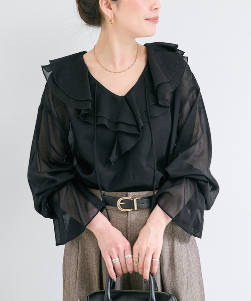 B.C STOCK(ベーセーストック)の「手洗い可 / SHEER CHECK FRILL ブラウス(シャツ/ブラウス・レディース・ブラック系その他/チョコ/ブラック・FREE)」の2枚目の写真