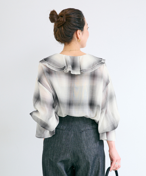B.C STOCK(ベーセーストック)の「手洗い可 / SHEER CHECK FRILL ブラウス(シャツ/ブラウス・レディース・ブラック系その他/チョコ/ブラック・FREE)」の18枚目の写真