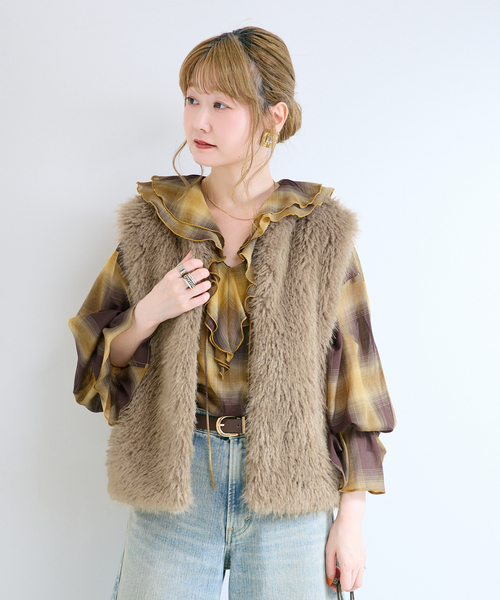B.C STOCK(ベーセーストック)の「手洗い可 / SHEER CHECK FRILL ブラウス(シャツ/ブラウス・レディース・ブラック系その他/チョコ/ブラック・FREE)」の22枚目の写真