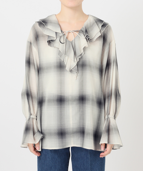 B.C STOCK(ベーセーストック)の「手洗い可 / SHEER CHECK FRILL ブラウス(シャツ/ブラウス・レディース・ブラック系その他/チョコ/ブラック・FREE)」の14枚目の写真