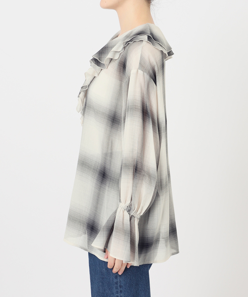 B.C STOCK(ベーセーストック)の「手洗い可 / SHEER CHECK FRILL ブラウス(シャツ/ブラウス・レディース・ブラック系その他/チョコ/ブラック・FREE)」の15枚目の写真