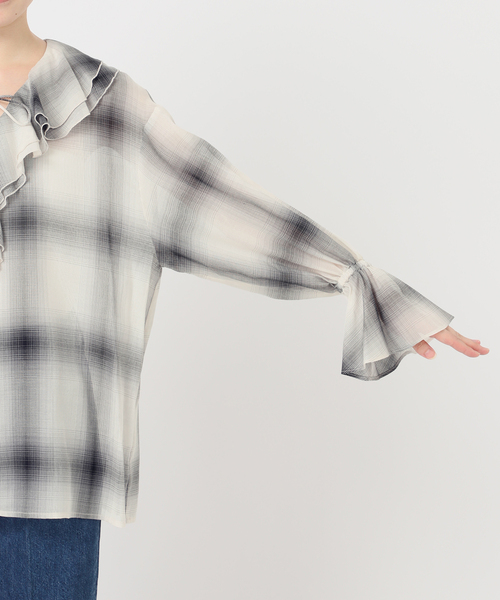 B.C STOCK(ベーセーストック)の「手洗い可 / SHEER CHECK FRILL ブラウス(シャツ/ブラウス・レディース・ブラック系その他/チョコ/ブラック・FREE)」の6枚目の写真