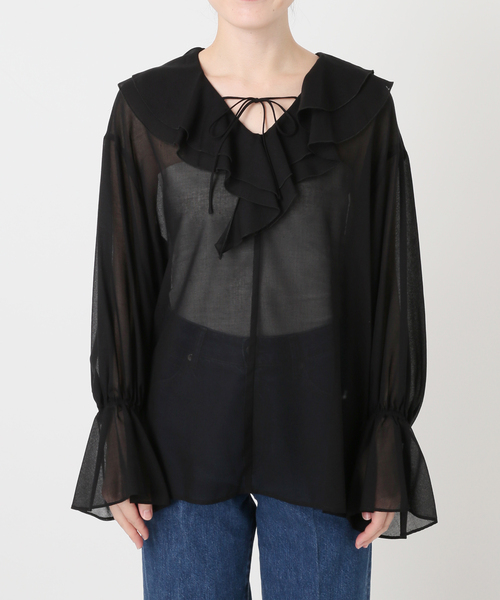 B.C STOCK(ベーセーストック)の「手洗い可 / SHEER CHECK FRILL ブラウス(シャツ/ブラウス・レディース・ブラック系その他/チョコ/ブラック・FREE)」の8枚目の写真