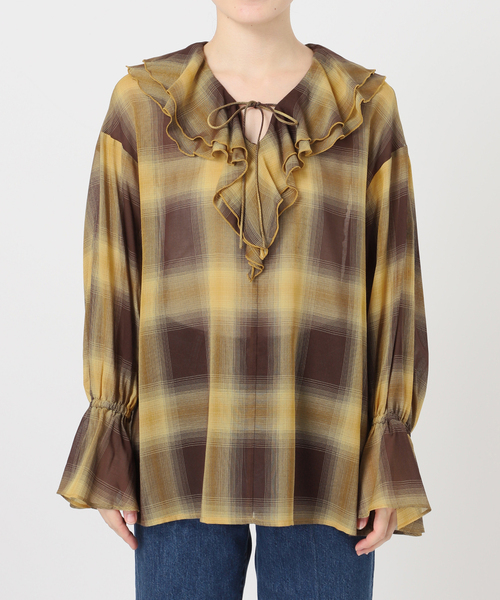 B.C STOCK(ベーセーストック)の「手洗い可 / SHEER CHECK FRILL ブラウス(シャツ/ブラウス・レディース・ブラック系その他/チョコ/ブラック・FREE)」の4枚目の写真