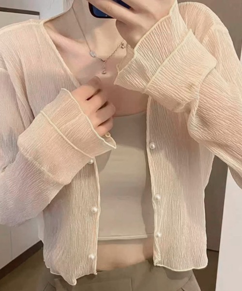 shoppinggo（ショッピングゴー）の「サマーカーディガン 透かし編み Vネックカーディガン 前開き 透け感 重ね着 カジュアル おしゃれ（カーディガン/ボレロ・レディース・ホワイト/ブラック/ベージュ/ピンク・FREE）」の20枚目の写真