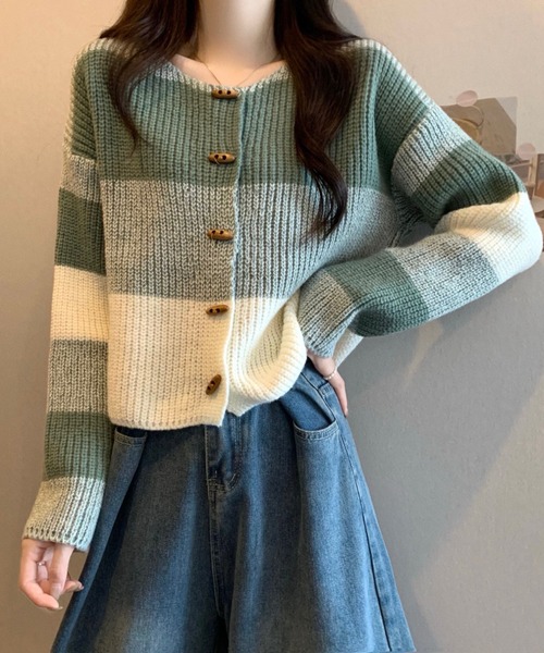 LUCPY(ラクピー)の「マルチボーダーニットカーディガン(カーディガン/ボレロ・レディース・グリーン/ライトブルー/レッド・FREE)」の1枚目の写真