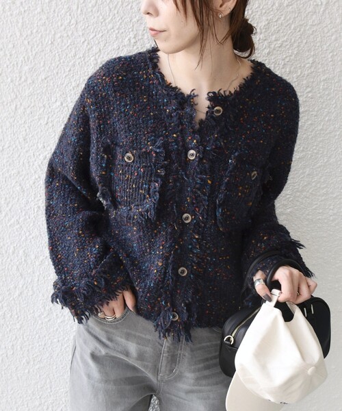 SHIPS Colors(シップス カラーズ)の「〈手洗い可能〉カラー ネップ ニット ジャケット◆(カーディガン/ボレロ・レディース・ネイビー/グレー・ONE SIZE)」の1枚目の写真