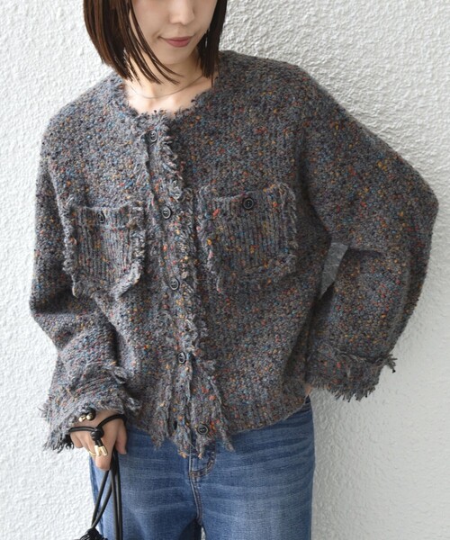 SHIPS Colors(シップス カラーズ)の「〈手洗い可能〉カラー ネップ ニット ジャケット◆(カーディガン/ボレロ・レディース・ネイビー/グレー・ONE SIZE)」の13枚目の写真