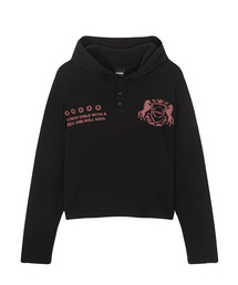 TONSIL（トンスル）の「プリントヘンリーネック ワッフル クロップドフードTシャツ ブラック（パーカー）」
