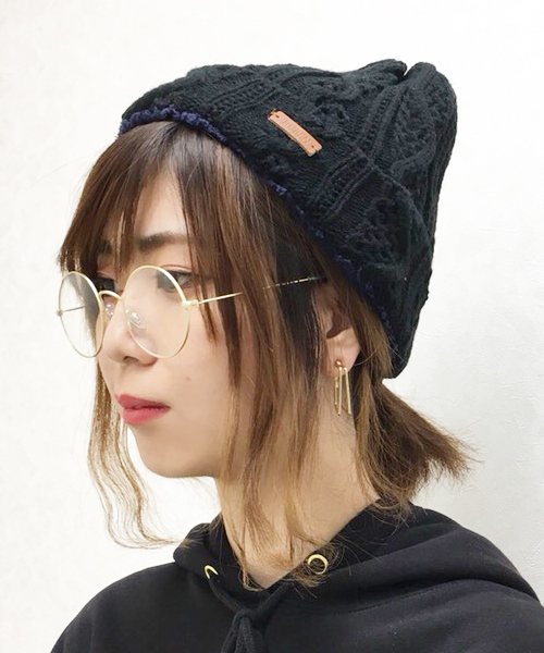 Ruben（ルーベン）の「ケーブル 裏ボア バイカラーニット（ニットキャップ/ビーニー・レディース・ブラック/グレー/マスタード/アイボリー/ワイン/ベージュ・FREE）」の21枚目の写真