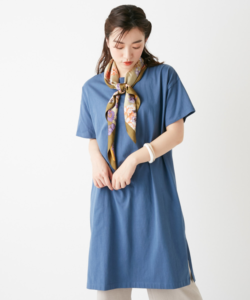 Discoat(ディスコート)の「USコットン裾スリットワンピース/ロングTシャツ/チュニック/ビッグTシャツ(ワンピース)」|ブルー
