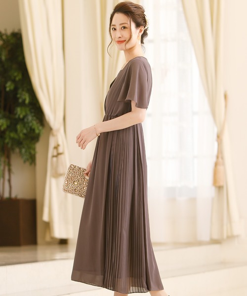 PourVous(プールヴー)の「袖あり&ミモレ丈 ワンピースドレスアシンメトリー 大きいサイズ 結婚式 フォーマル オケージョンドレス お呼ばれ 二次会 成人式 (ドレス・レディース・ライトグレー/ブラウン/ネイビー・M/L/XL)」の5枚目の写真