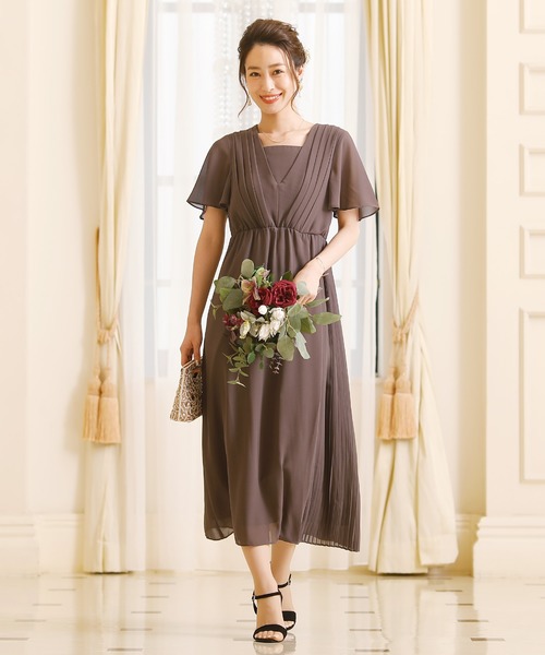 PourVous(プールヴー)の「袖あり&ミモレ丈 ワンピースドレスアシンメトリー 大きいサイズ 結婚式 フォーマル オケージョンドレス お呼ばれ 二次会 成人式 (ドレス・レディース・ライトグレー/ブラウン/ネイビー・M/L/XL)」の8枚目の写真