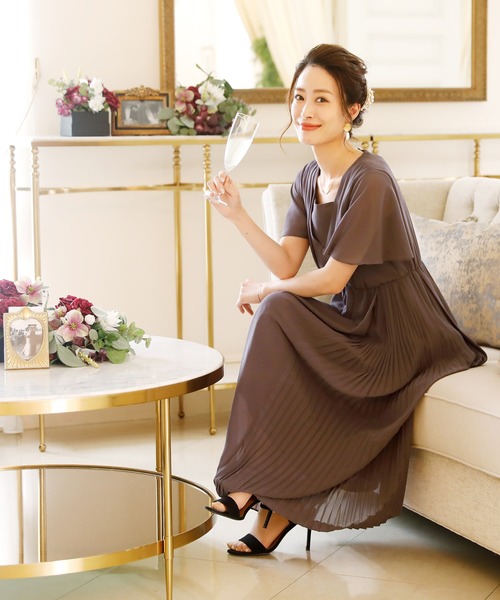 ロングスカート 結婚式ワンピース プリーツロングワンピース Pourvous プールヴー のファッション ドレス 二次会 謝恩会 セレモニー大きいサイズ対応フォーマルパーティードレス ドレス