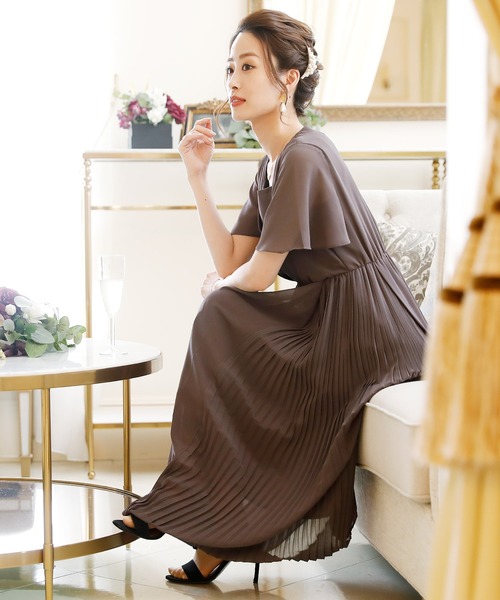 ロングスカート 結婚式ワンピース プリーツロングワンピース Pourvous プールヴー のファッション ドレス 二次会 謝恩会 セレモニー大きいサイズ 対応フォーマルパーティードレス ドレス