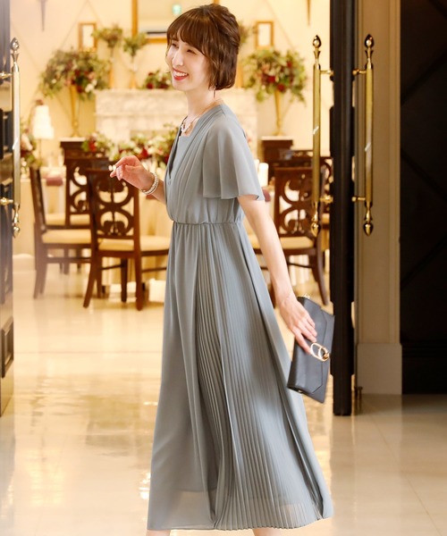 PourVous(プールヴー)の「袖あり&ミモレ丈 ワンピースドレスアシンメトリー 大きいサイズ 結婚式 フォーマル オケージョンドレス お呼ばれ 二次会 成人式 (ドレス・レディース・ライトグレー/ブラウン/ネイビー・M/L/XL)」の18枚目の写真
