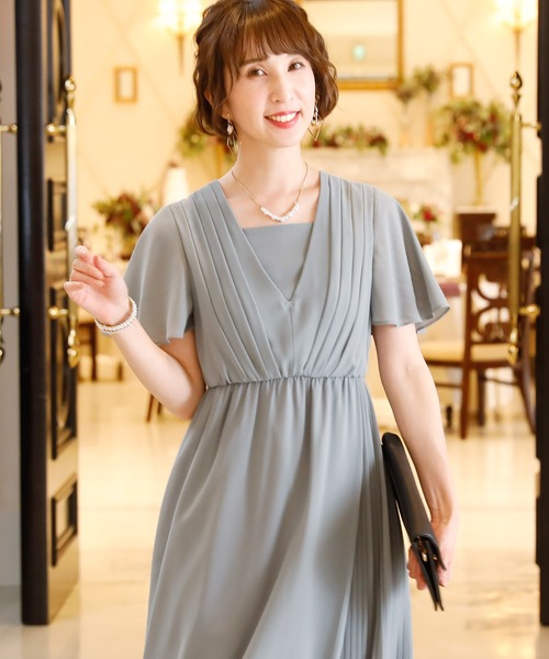 PourVous(プールヴー)の「袖あり&ミモレ丈 ワンピースドレスアシンメトリー 大きいサイズ 結婚式 フォーマル オケージョンドレス お呼ばれ 二次会 成人式 (ドレス・レディース・ライトグレー/ブラウン/ネイビー・M/L/XL)」の22枚目の写真