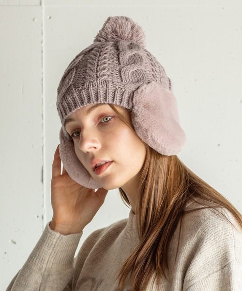 14+（イチヨンプラス）の「耳当て付きポンポンワッチ（ニットキャップ/ビーニー・レディース・アイボリー/グレー/ブラック/ベージュ/パープル/ライトグレー/グリーン/ベージュ系3・FREE）」の8枚目の写真