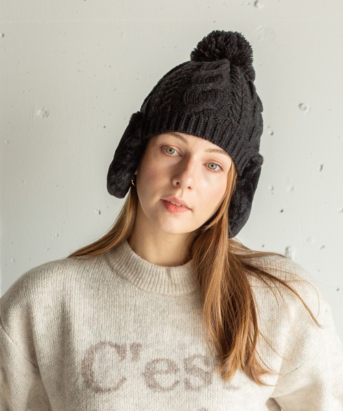 14+（イチヨンプラス）の「耳当て付きポンポンワッチ（ニットキャップ/ビーニー・レディース・アイボリー/グレー/ブラック/ベージュ/パープル/ライトグレー/グリーン/ベージュ系3・FREE）」の19枚目の写真