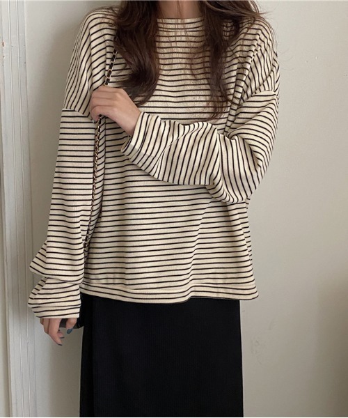 yuue' ( wear )(ユーイ)の「ドロップショルダーボーダーカットソー(Tシャツ/カットソー・レディース・ブラック/ブラウン・FREE)」の1枚目の写真