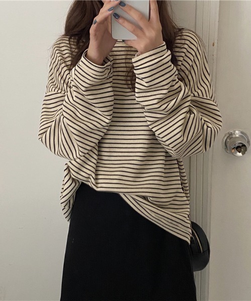 yuue' ( wear )(ユーイ)の「ドロップショルダーボーダーカットソー(Tシャツ/カットソー・レディース・ブラック/ブラウン・FREE)」の5枚目の写真