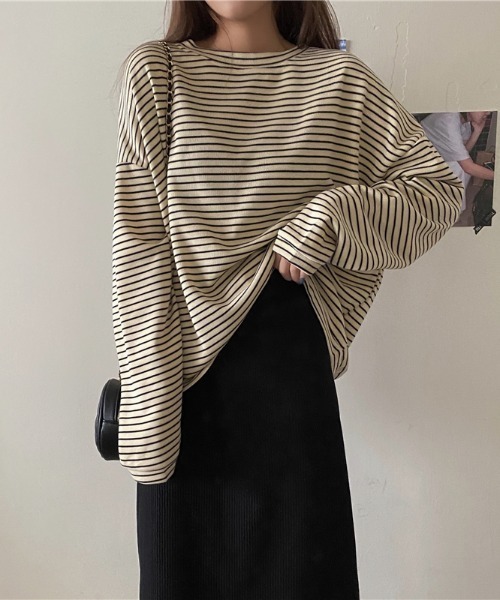 yuue' ( wear )(ユーイ)の「ドロップショルダーボーダーカットソー(Tシャツ/カットソー・レディース・ブラック/ブラウン・FREE)」の4枚目の写真