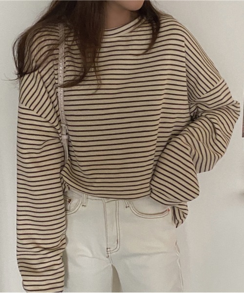 yuue' ( wear )(ユーイ)の「ドロップショルダーボーダーカットソー(Tシャツ/カットソー・レディース・ブラック/ブラウン・FREE)」の7枚目の写真