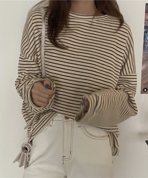 yuue' ( wear )(ユーイ)の「ドロップショルダーボーダーカットソー(Tシャツ/カットソー・レディース・ブラック/ブラウン・FREE)」の3枚目の写真
