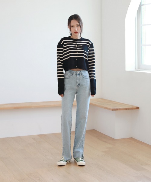 by muni:r（バイ ムニール）の「足が長く見えるシルエットハイウエストロングスリットデニム（デニムパンツ・レディース・ライトブルー/ブラック/ブルー・SMALL/MEDIUM）」の14枚目の写真