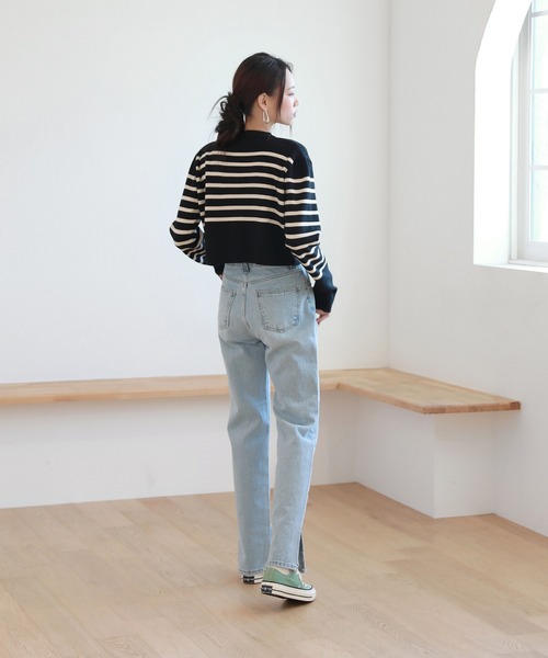 by muni:r（バイ ムニール）の「足が長く見えるシルエットハイウエストロングスリットデニム（デニムパンツ・レディース・ライトブルー/ブラック/ブルー・SMALL/MEDIUM）」の16枚目の写真