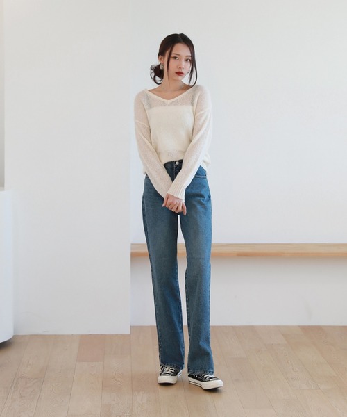 by muni:r（バイ ムニール）の「足が長く見えるシルエットハイウエストロングスリットデニム（デニムパンツ・レディース・ライトブルー/ブラック/ブルー・SMALL/MEDIUM）」の21枚目の写真