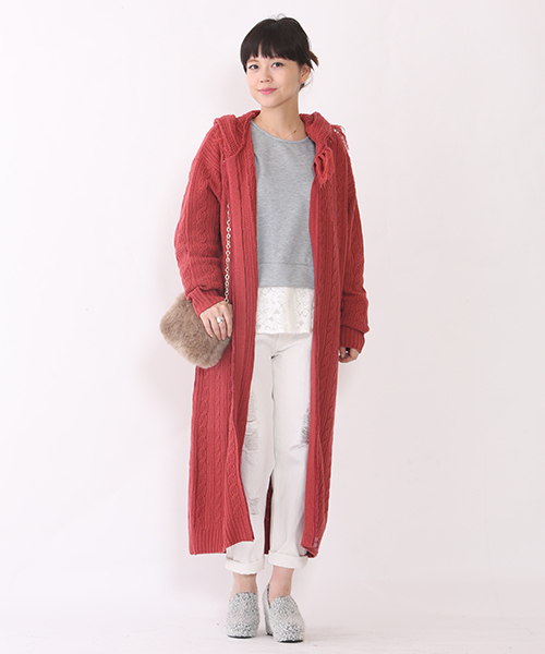 mystic（ミスティック）の「フリンジパーカーロングZIPカーデ（カーディガン/ボレロ・レディース・オフホワイト/チャコールグレー/ブラック/レンガ・ﾌﾘ-）」の4枚目の写真