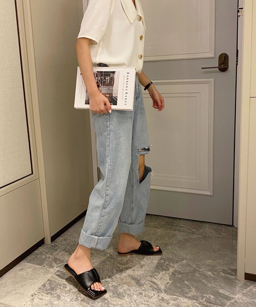 meJane(ミージェーン)の「シャーリングタックデザインスクエアフラットサンダル【ZOZOTOWN限定】(サンダル・レディース・ブラック/オフホワイト・S/M/L)」の10枚目の写真