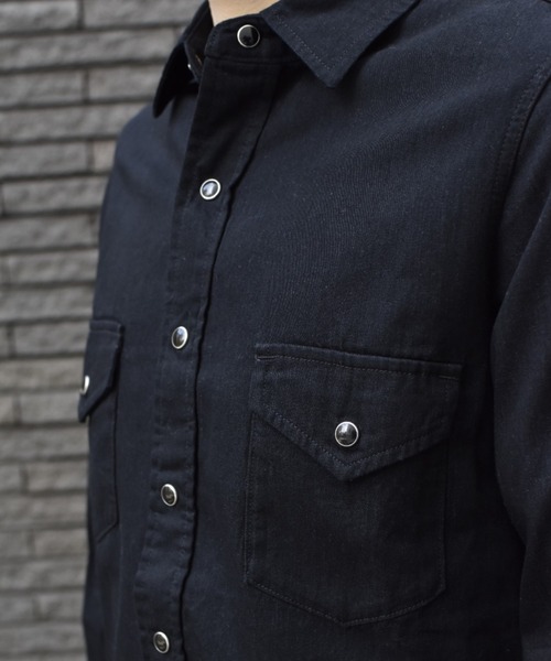 マインデニム ガウンタイプ ロングシャツ ブルー×ブラック MINEDENIM（マインデニム）の「Denim Western SH BOW（シャツ