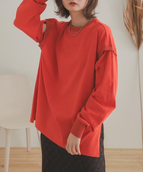 SENSE OF PLACE by URBAN RESEARCH（センスオブプレイスバイアーバンリサーチ）の「スリットスリーブルーズTシャツ（Tシャツ/カットソー・レディース・アイボリー/ブラウン/オレンジ・ONE）」の3枚目の写真