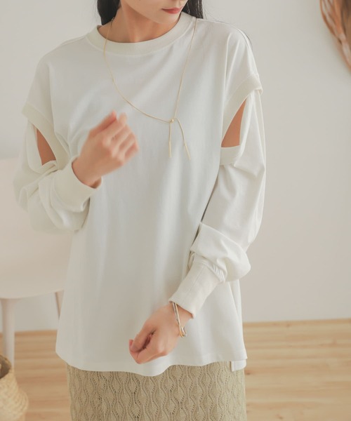 SENSE OF PLACE by URBAN RESEARCH（センスオブプレイスバイアーバンリサーチ）の「スリットスリーブルーズTシャツ（Tシャツ/カットソー・レディース・アイボリー/ブラウン/オレンジ・ONE）」の4枚目の写真