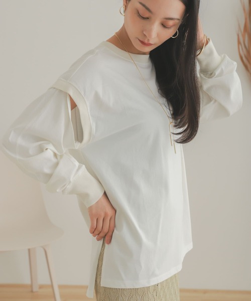 SENSE OF PLACE by URBAN RESEARCH（センスオブプレイスバイアーバンリサーチ）の「スリットスリーブルーズTシャツ（Tシャツ/カットソー・レディース・アイボリー/ブラウン/オレンジ・ONE）」の6枚目の写真