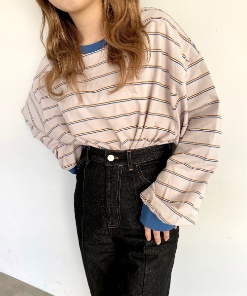 nemne store(ネンネストア)の「ミルフィーユを作るマルチボーダーロンT(Tシャツ/カットソー・レディース・カーキ/グリーン/グレー系/ブラウン系・フリー)」の1枚目の写真