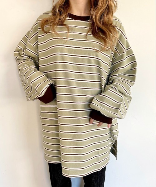 nemne store(ネンネストア)の「ミルフィーユを作るマルチボーダーロンT(Tシャツ/カットソー・レディース・カーキ/グリーン/グレー系/ブラウン系・フリー)」の5枚目の写真